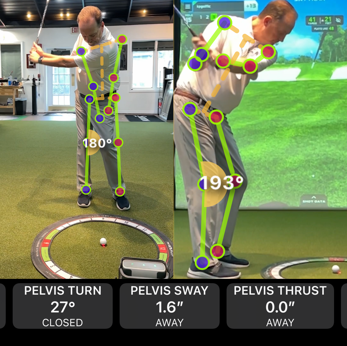 Golf simulator showing a golfer's swing with labeled body movements.