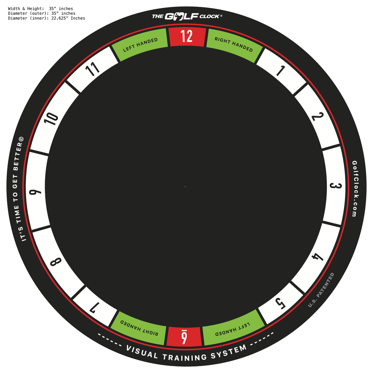 The Golf Clock dimensions — 35 inch outer diameter, 22.625 inch inner opening visual training ring